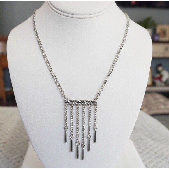 Bar Dangle Pendant Necklace Silver Tone - Picture 2 of 6